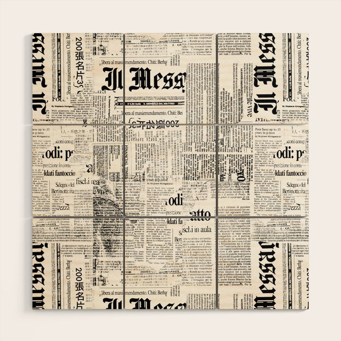 Black And White Collage Of Grunge Newspaper Fragments Wood Wall Art Gallery Image 1