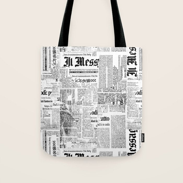 Black And White Collage Of Grunge Newspaper Fragments Tote Bag Gallery Image 1