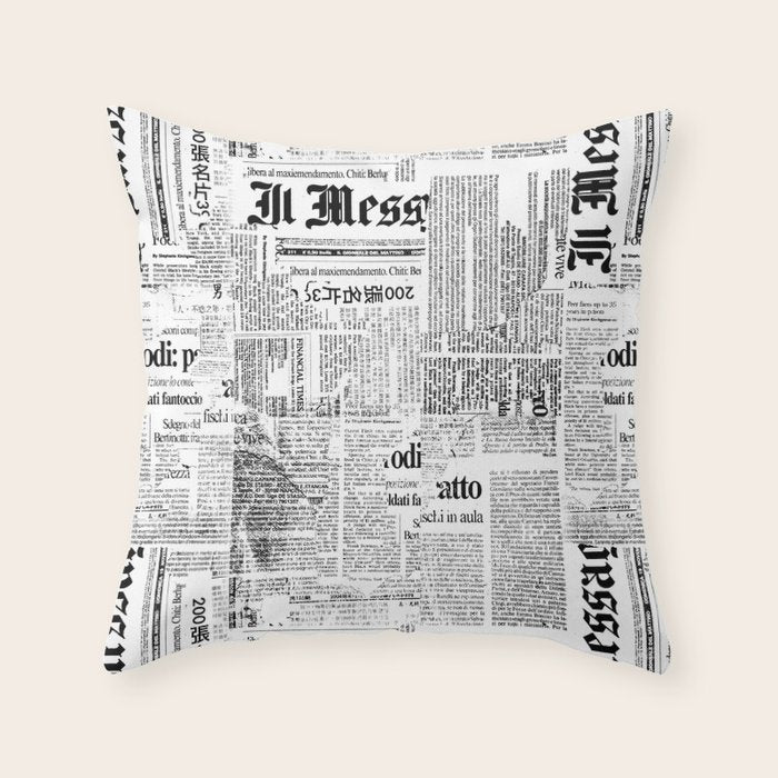 Black And White Collage Of Grunge Newspaper Fragments Throw Pillow Gallery Image 6