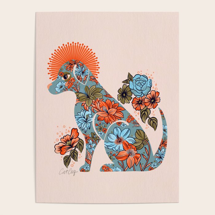 Porcelain Floral Dog - Blue & Coral Poster Gallery Image 1