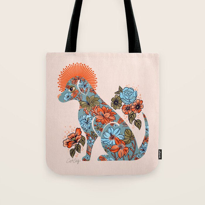 Porcelain Floral Dog - Blue & Coral Tote Bag Gallery Image 1