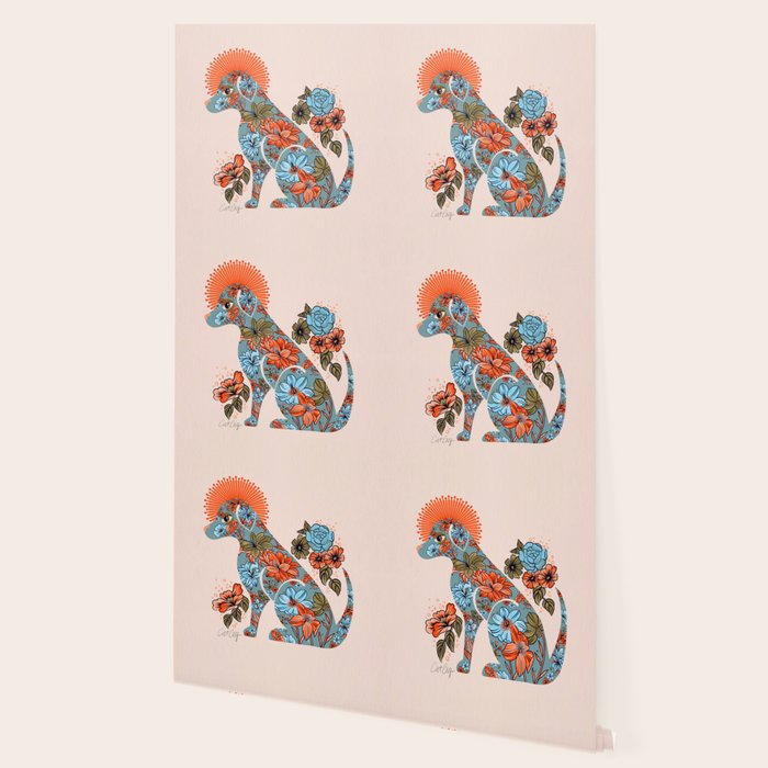 Porcelain Floral Dog - Blue & Coral Wallpaper Gallery Image 2