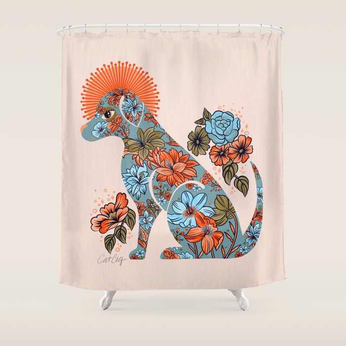 Porcelain Floral Dog - Blue & Coral Shower Curtain Gallery Image 1