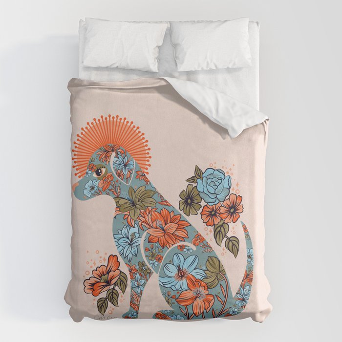 Porcelain Floral Dog - Blue & Coral Duvet Cover Gallery Image 1