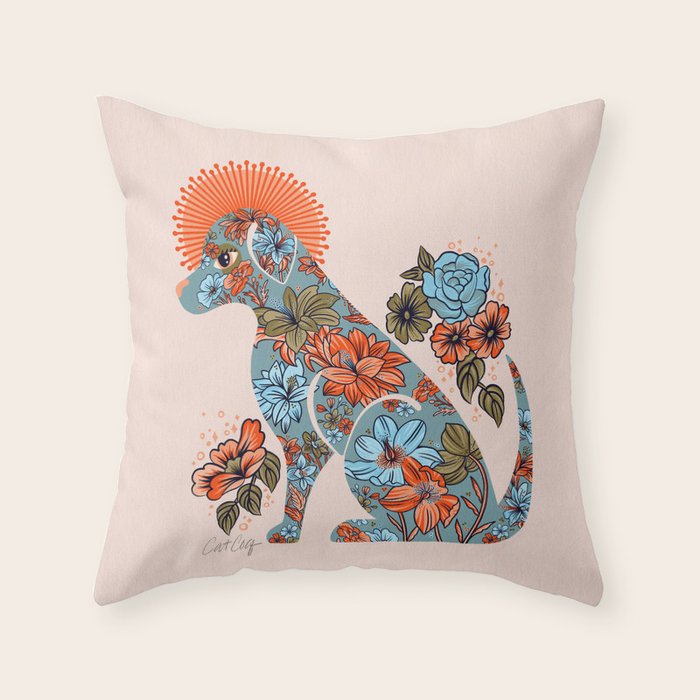 Porcelain Floral Dog - Blue & Coral Throw Pillow Gallery Image 6