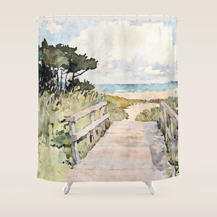 Boardwalk to the Sea Watercolor  Shower Curtain Gallery Image 1