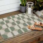 Mid Century Modern Geometric Pattern 176 Sage Green and Beige Outdoor Rug Gallery Image 2
