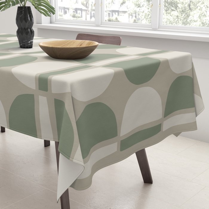 Mid Century Modern Geometric Pattern 176 Sage Green and Beige Tablecloth Gallery Image 3