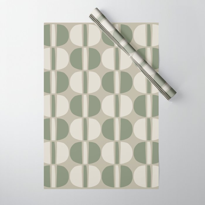Mid Century Modern Geometric Pattern 176 Sage Green and Beige Wrapping Paper Gallery Image 1