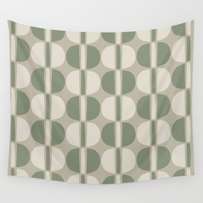 Mid Century Modern Geometric Pattern 176 Sage Green and Beige Wall Tapestry Gallery Image 4