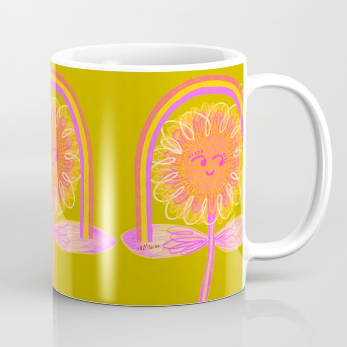 Retro Sunflower & Rainbow in Green & Pink Coffee Mug Gallery Image 1