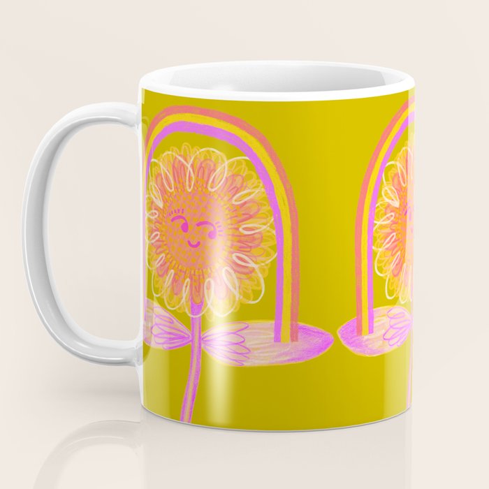 Retro Sunflower & Rainbow in Green & Pink Coffee Mug Gallery Image 3
