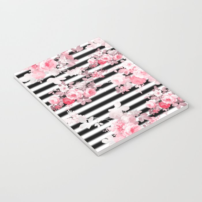 Vintage blush pink floral black white stripes Notebook Gallery Image 3