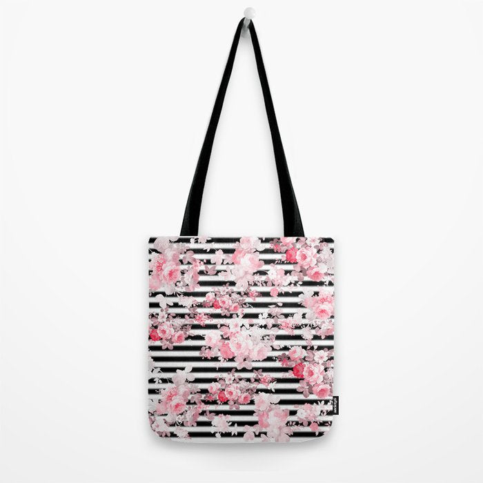 Vintage blush pink floral black white stripes Tote Bag Gallery Image 2