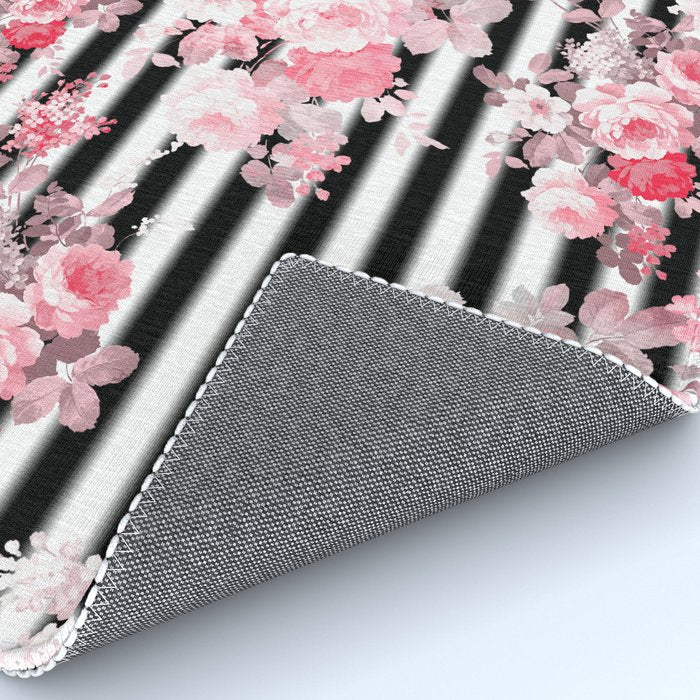 Vintage blush pink floral black white stripes Rug Gallery Image 4