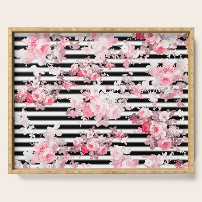 Vintage blush pink floral black white stripes Serving Tray Gallery Image 1