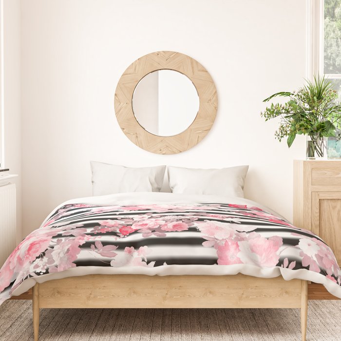 Vintage blush pink floral black white stripes Duvet Cover Gallery Image 3