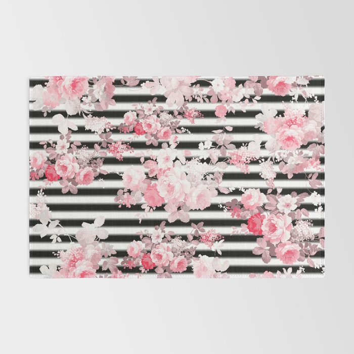 Vintage blush pink floral black white stripes Rug Gallery Image 2