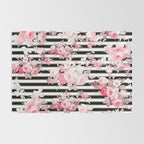 Vintage blush pink floral black white stripes Rug Gallery Image 2