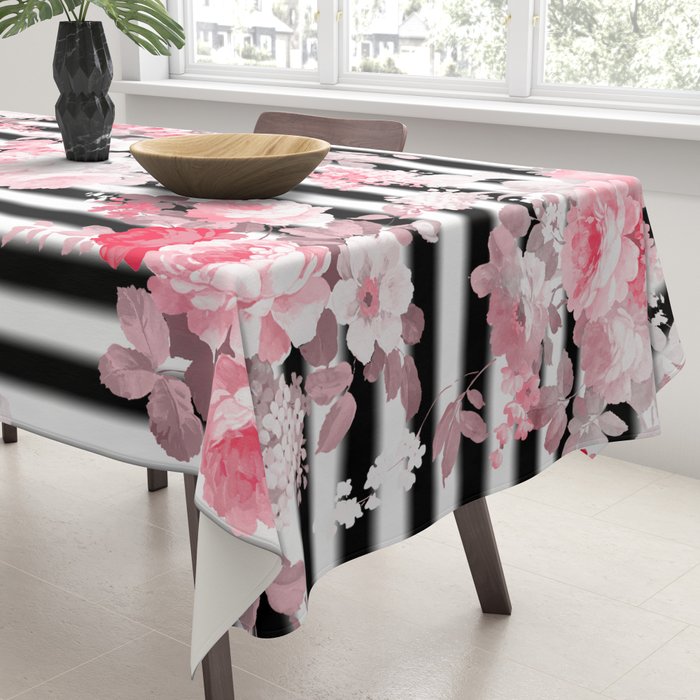 Vintage blush pink floral black white stripes Tablecloth Gallery Image 3
