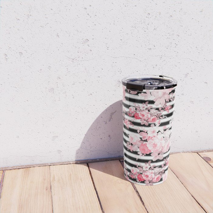 Vintage blush pink floral black white stripes Travel Mug Gallery Image 4