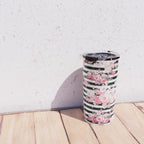 Vintage blush pink floral black white stripes Travel Mug Gallery Image 4