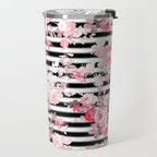 Vintage blush pink floral black white stripes Travel Mug Gallery Image 2