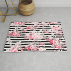 Vintage blush pink floral black white stripes Rug Gallery Image 1