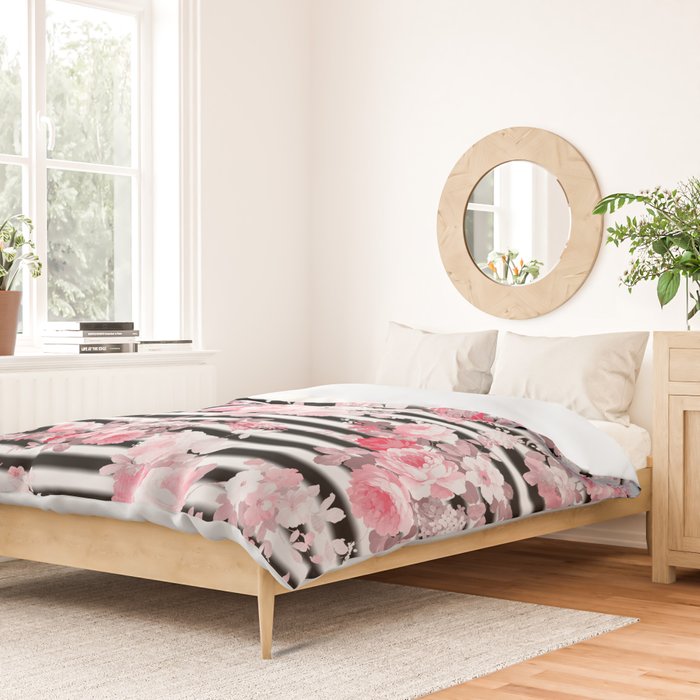 Vintage blush pink floral black white stripes Duvet Cover Gallery Image 2