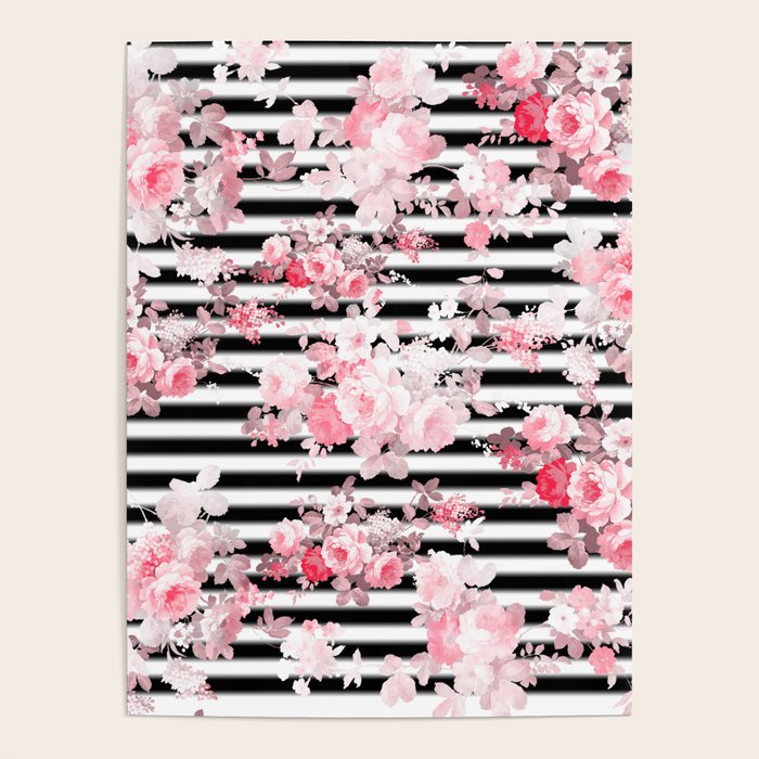 Vintage blush pink floral black white stripes Poster Gallery Image 1