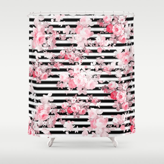 Vintage blush pink floral black white stripes Shower Curtain Gallery Image 1