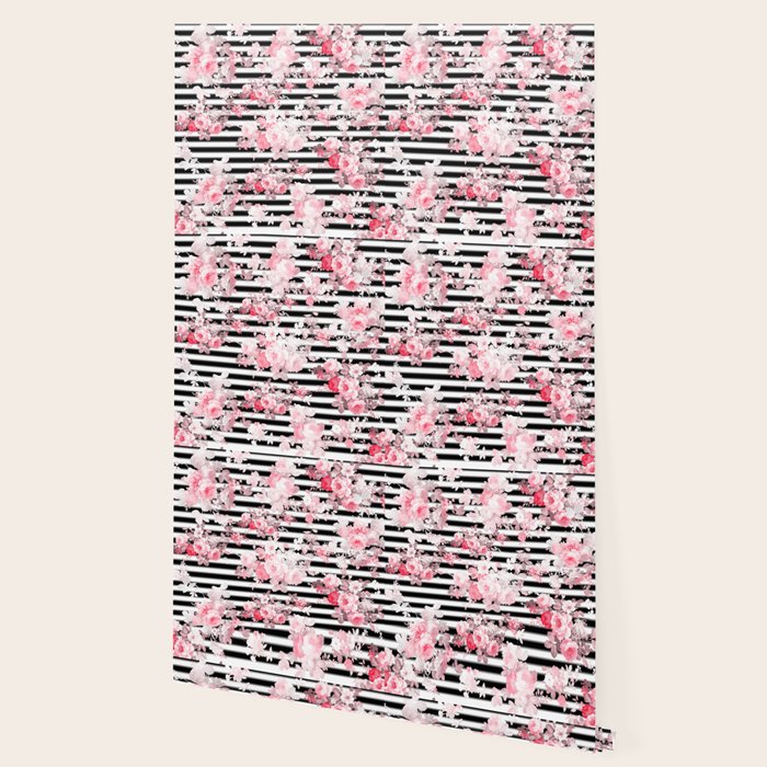 Vintage blush pink floral black white stripes Wallpaper Gallery Image 2