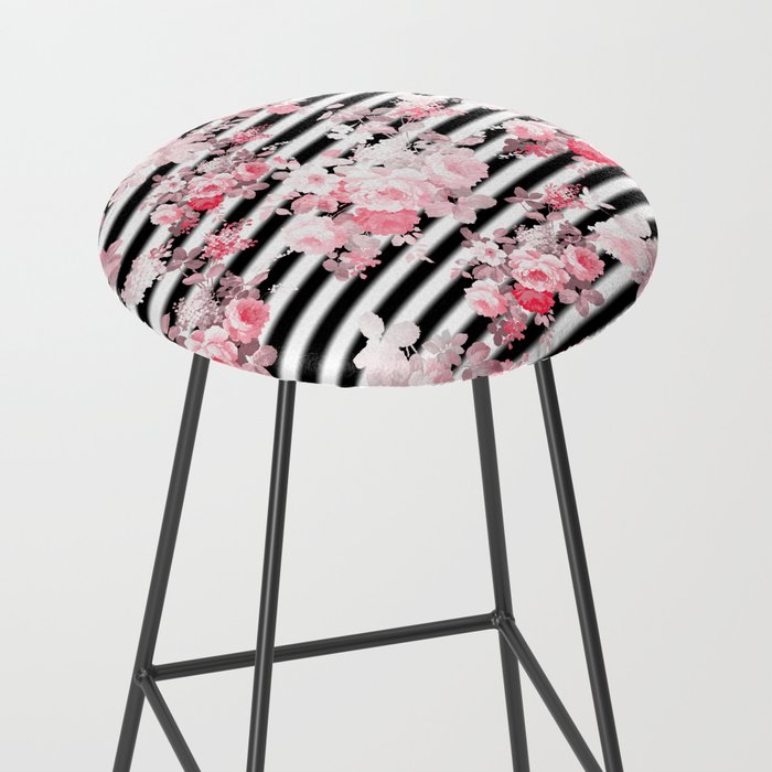 Vintage blush pink floral black white stripes Stool Gallery Image 2
