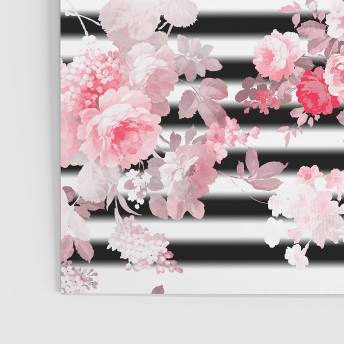 Vintage blush pink floral black white stripes Poster Gallery Image 3