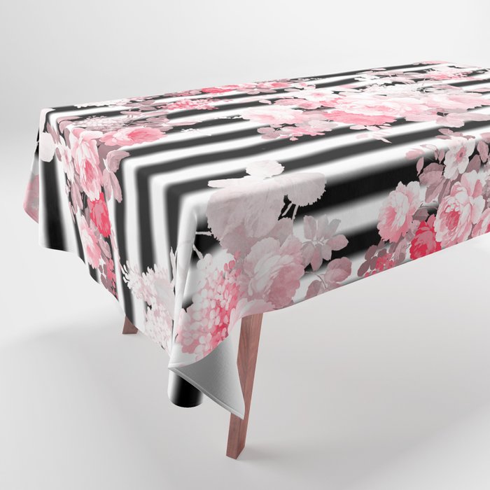 Vintage blush pink floral black white stripes Tablecloth Gallery Image 1