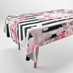 Vintage blush pink floral black white stripes Tablecloth Gallery Image 1