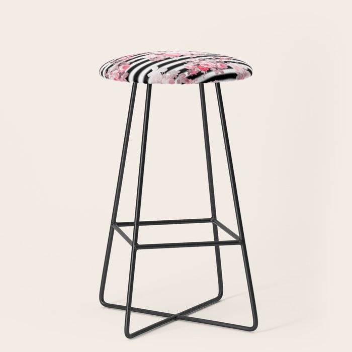Vintage blush pink floral black white stripes Stool Gallery Image 1