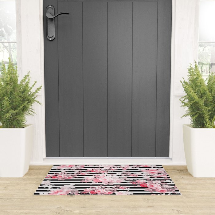 Vintage blush pink floral black white stripes Welcome Mat Gallery Image 3