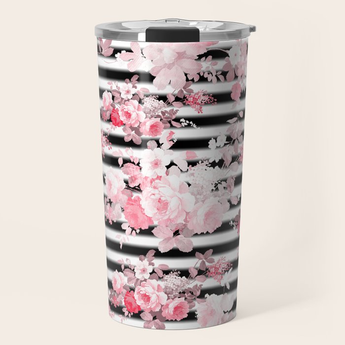 Vintage blush pink floral black white stripes Travel Mug Gallery Image 1
