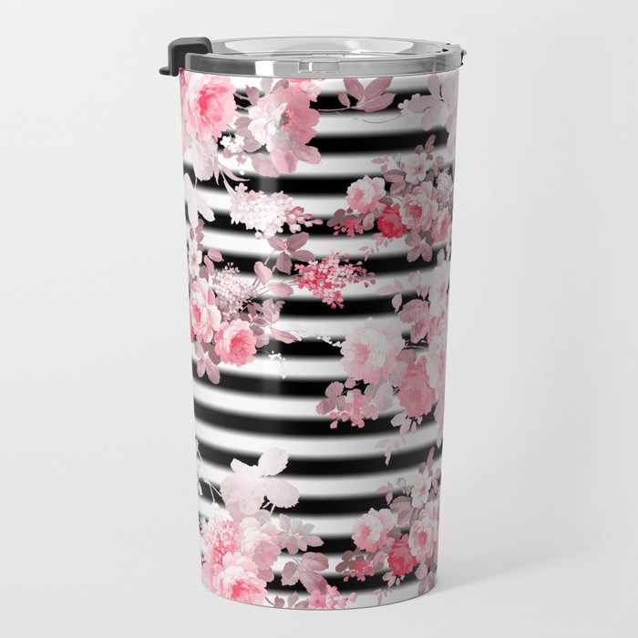 Vintage blush pink floral black white stripes Travel Mug Gallery Image 3