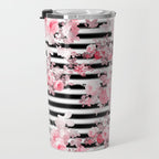 Vintage blush pink floral black white stripes Travel Mug Gallery Image 3