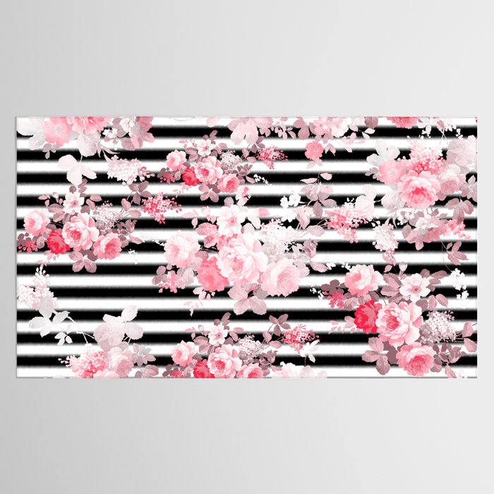 Vintage blush pink floral black white stripes Tablecloth Gallery Image 2