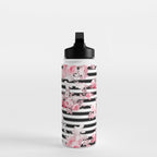 Vintage blush pink floral black white stripes Water Bottle Gallery Image 3