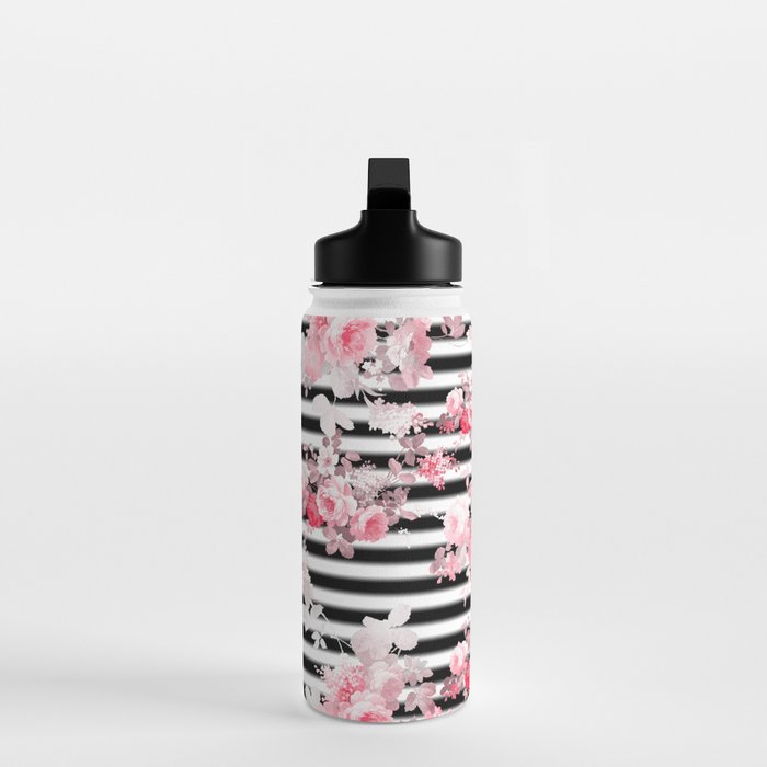 Vintage blush pink floral black white stripes Water Bottle Gallery Image 3