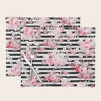 Vintage blush pink floral black white stripes Placemat Gallery Image 1