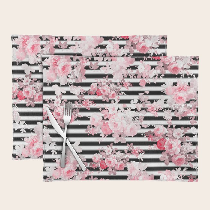 Vintage blush pink floral black white stripes Placemat Gallery Image 1