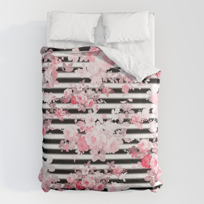 Vintage blush pink floral black white stripes Duvet Cover Gallery Image 6