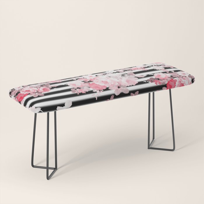 Vintage blush pink floral black white stripes Bench Gallery Image 1