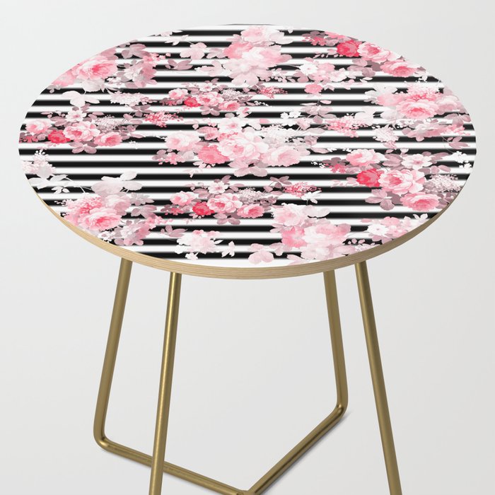 Vintage blush pink floral black white stripes Side Table Gallery Image 2