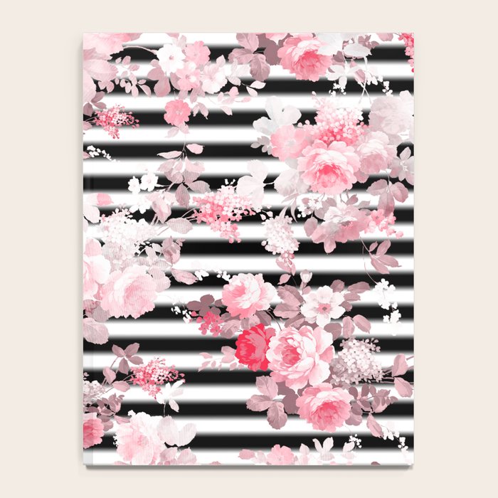 Vintage blush pink floral black white stripes Notebook Gallery Image 4